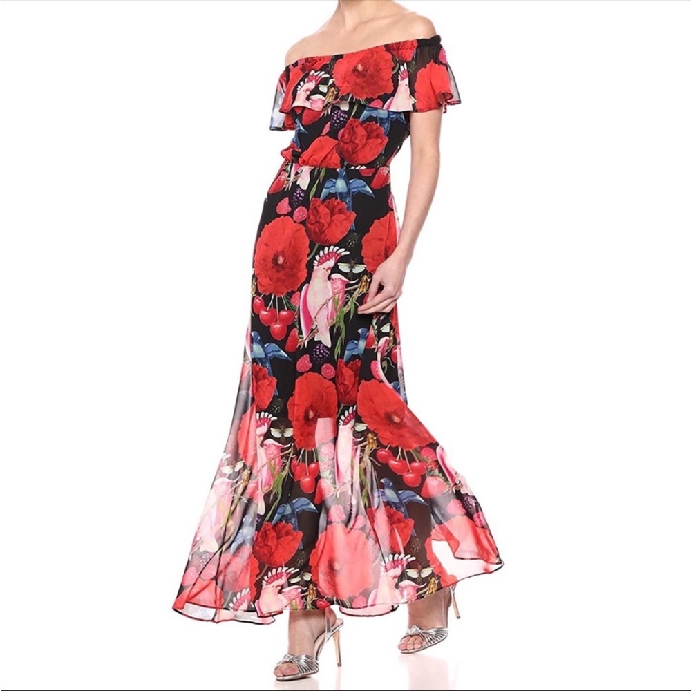 Betsey Johnson Black Maxi Dress with Red Floral and Pink Parrot Print